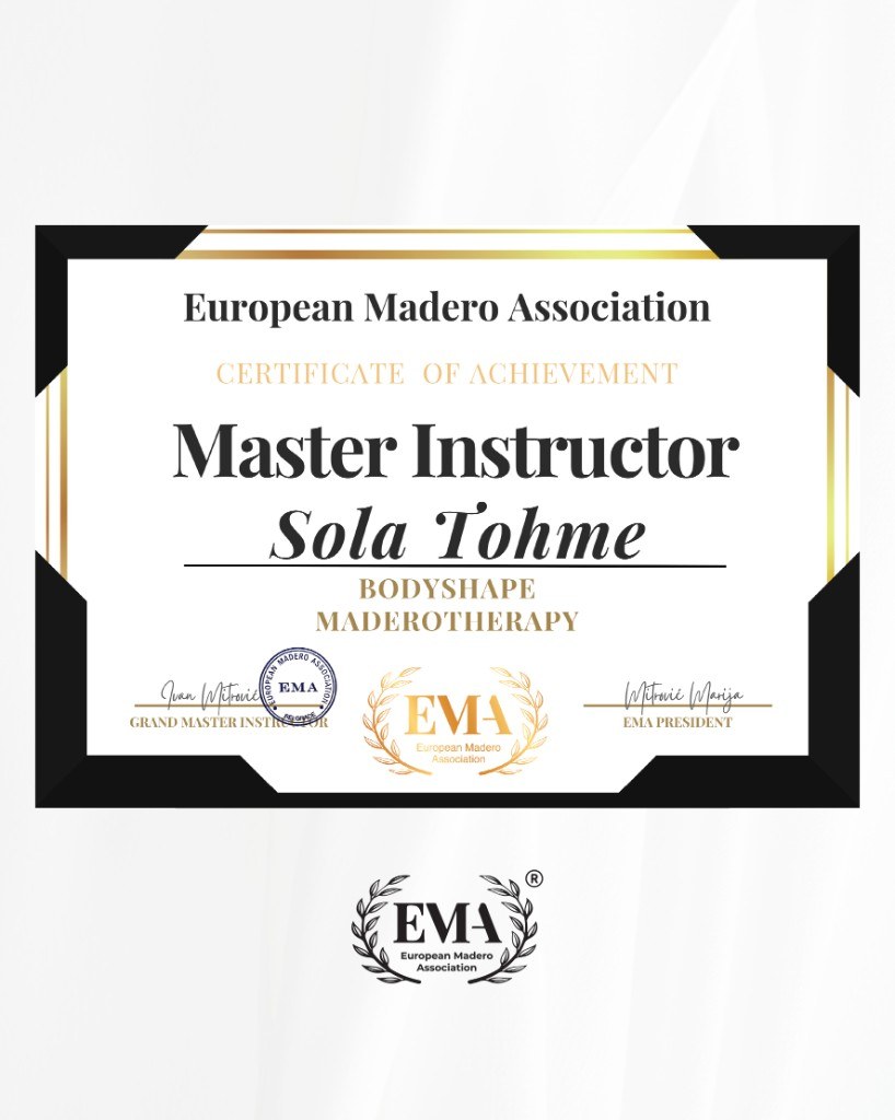 Sola Tohme — Master Instructor — Certificate of Achievement — Bodyshape Maderotherapy — European Madero Association