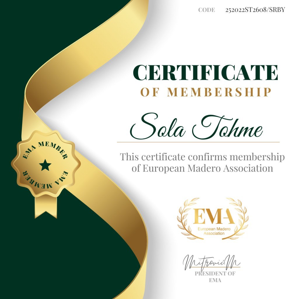 Sola Tohme — EMA Member — Certificate of Membership — European Madero Association